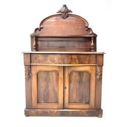 Victorian mahogany chiffonier, raised shaped back with shelf, drawer over double cupboard 
