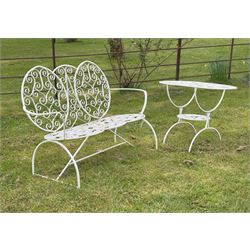 Modern aluminium scrolled two seat garden bench (H83cm, L122cm, D60cm) and a matching table (L76cm.)