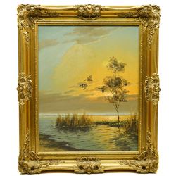 G Van de Velde AKA Gien Brouwer (Dutch 1944-): Ducks in Flight, oil on canvas signed 50cm x 39cm