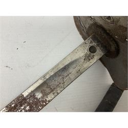 George V 1897 pattern Infantry officers sword, the 82cm single fullered blade with traces of etched detail and George V crown cipher, the ricasso marked Hawksworth Sheffield, pierced half basket hilt with George V cypher, wire-bound fish-skin grip with brass pommel and backstrap; in leather scabbard L102cm overall; together with two sectional gun cleaning rods; swagger stick made of leather strips etc