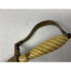 1900-1918 German Imperial NCO sabre with WW2 modifications of Wehrmacht insignia to the langet, 79cm slightly curving fullered blade and brass hilt, the knucklebow chased with oak leaves and acorns L90.5cm overall
This item has been registered for sale under Section 10 of the APHA Ivory Act 