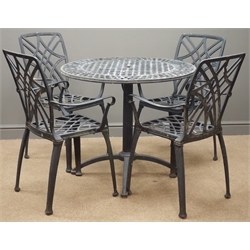  Black finish wrought metal circular garden table, (D86cm, H74cm), and four armchairs.  