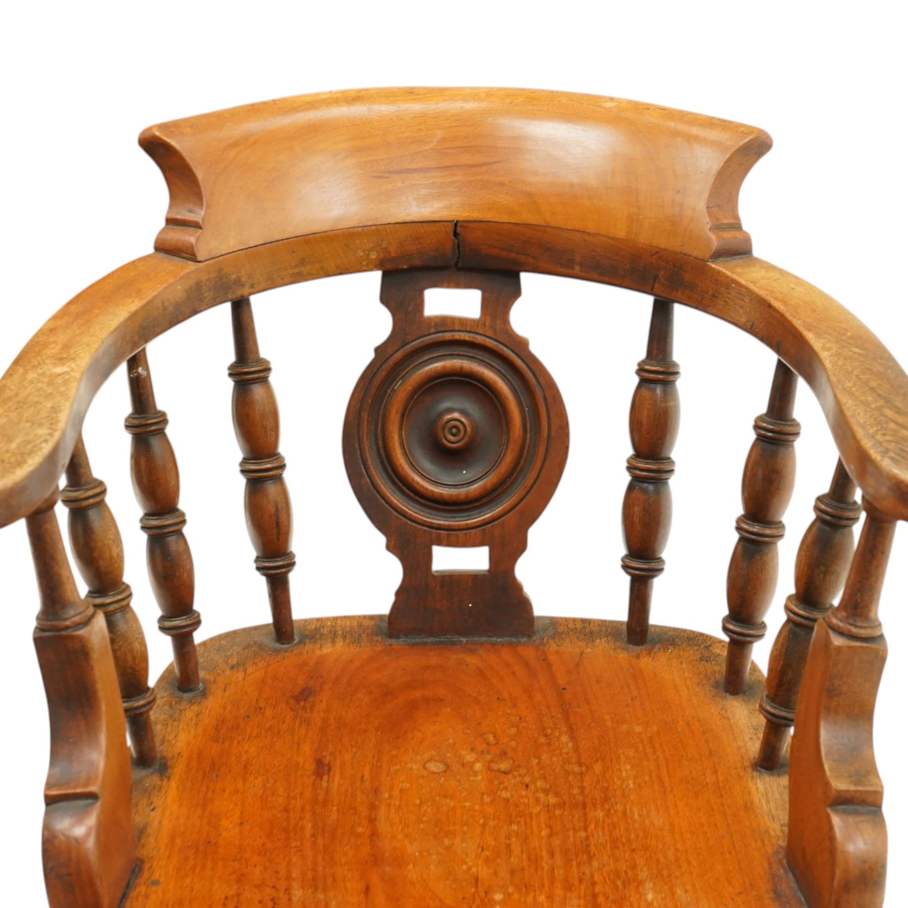 Victorian mahogany Captains chair, central roundel splat flanked by turned spindles, on turned supports united by double H-stretcher
