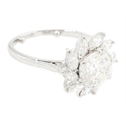 Platinum diamond cluster ring, the principal transitional cut diamond of approx 1.30 carat, surrounded by ten marquise cut diamonds, stamped Plat, total diamond weight approx 1.80 carat