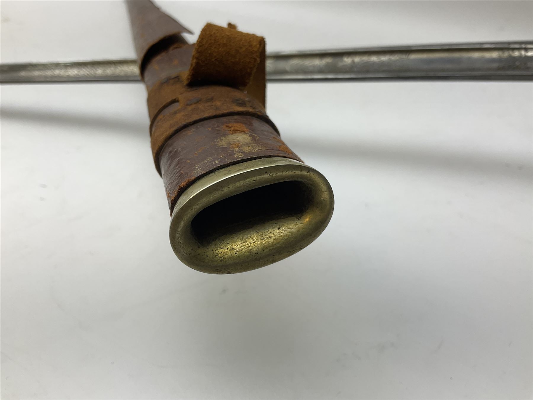 British George V 1897 Pattern Infantry Officers Sword, the 82.5cm fullered steel blade etched and polished with crowned royal arms, GRV cyphers and scrolling foliage, marked Army & Navy Co-operative Society 105 Victoria St London SW to the ricasso,  plated pierced basket hilt with wire bound fish skin grip and leather knot, No.15032; in leather covered scabbard