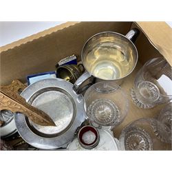 Group of assorted collectables, to include Studio Pottery vases, three Hummel figures, Chinese ginger jar, small group of silver plate, etc., in one box 