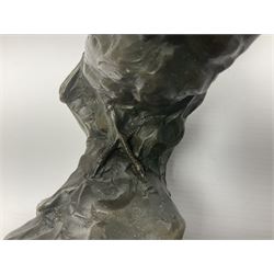 Bronze figure, modelled as an owl upon a rock, on stepped circular base, after Milo, H24.5cm