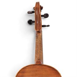 20th century French violin, with two piece back, ebonised fretboard and tuners, L60cm, with fitted hard case