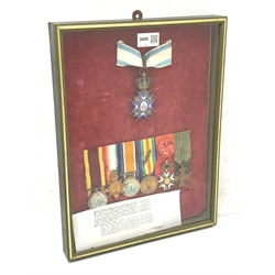 Group of seven medals/awards to Col. Stephen Fraser Clark M.B. R.A.M.C. comprising Victoria China 1900, no bar (Major S.F. Clark R.A.M.C.); 1914 Star (Lt.-Col. S.F. Clark R.A.M.C.); British War Medal 1914-20 and Victory Medal 1914-19 with oak leaf (Col. S.F. Clark); French Legion of Honour 1870 4th class enamelled; French Croix de Guerre 1914 -1916 with bronze star on ribbon; and Serbian Order of St. Sava 3rd Class silver gilt and enamelled neck badge; framed with some biographical information