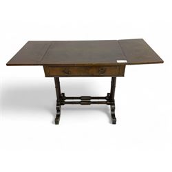 Small Victorian drop-leaf occasional table, rectangular top with drop sides and single frieze drawer, on turned supports and scrolled feet joined by twin stretchers
