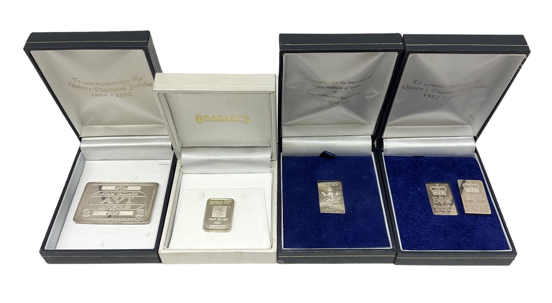 Quantity of silver comprising two 2012 Diamond Jubilee silver commemorative plaques stamped 999, hallmarked Birmingham 2012 with Jubilee stamp, together with a Prince William and Catherine Middleton silver bar stamped 999, Refine Met Fine Silver 999 bar and Atam Vallabh AVI Industries bar stamped fine 999, all tested, total weight approx 45.5g