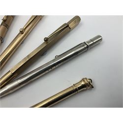Five gold filled Wahl Eversharp propelling pencils, together with a silver propelling pencil, hallmarked London 1946, J.M.Co Johnson, Matthey & Co, and two further gold filled propelling pencils, one with box, largest L13cm (8)