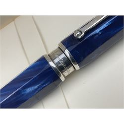Montegrappa Emblema ball pen, the blue pearl marbled barrel of octagonal form with silver mounts and terminal with 1912 emblem, stamped 925 and clip with roller, in box, L13.5cm