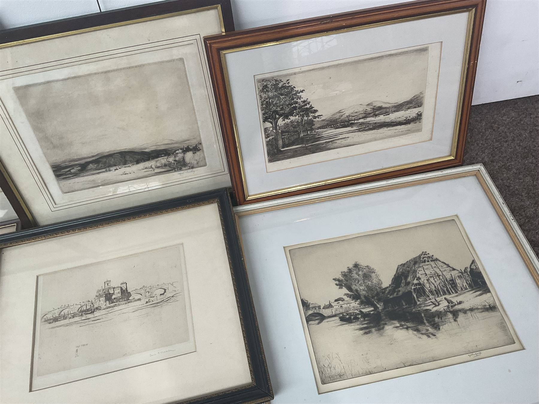 Collection of etchings to include Louis Conrad Rosenberg, Albany E Howarth, Sidney Tushingham, Alfred Bentley and Martin Hardie in one box (6)