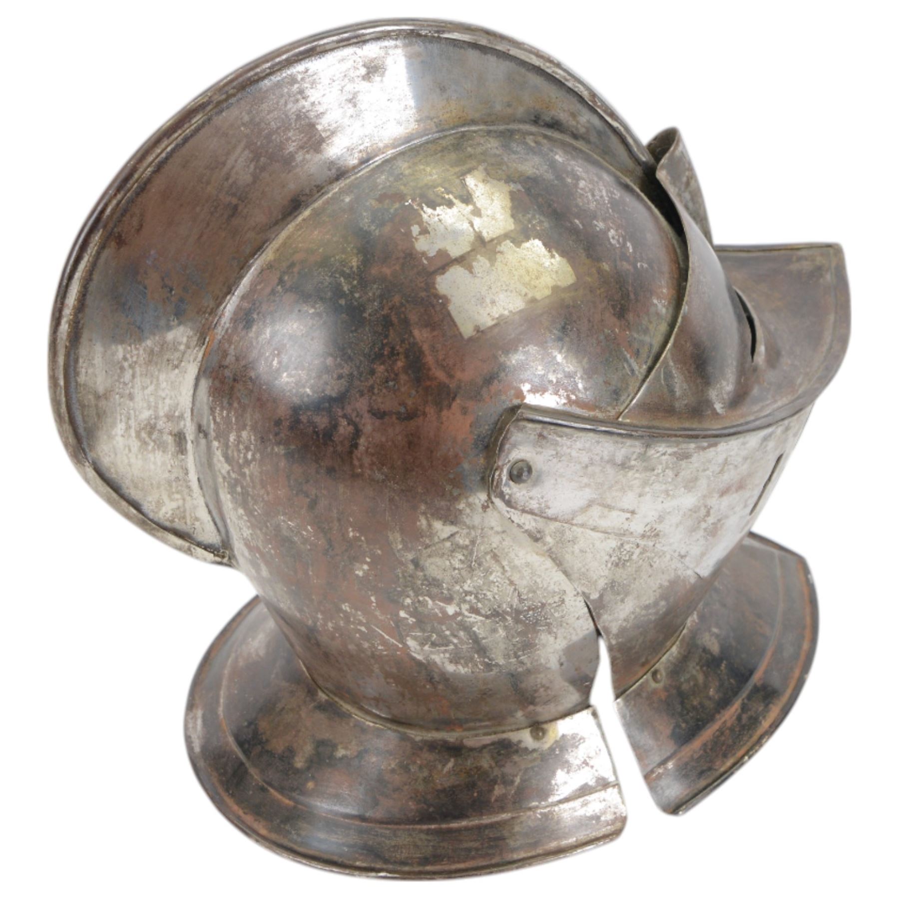 Reproduction 17th century European close helmet, the visor with elongated sights, two-piece skull with a high medial roped comb