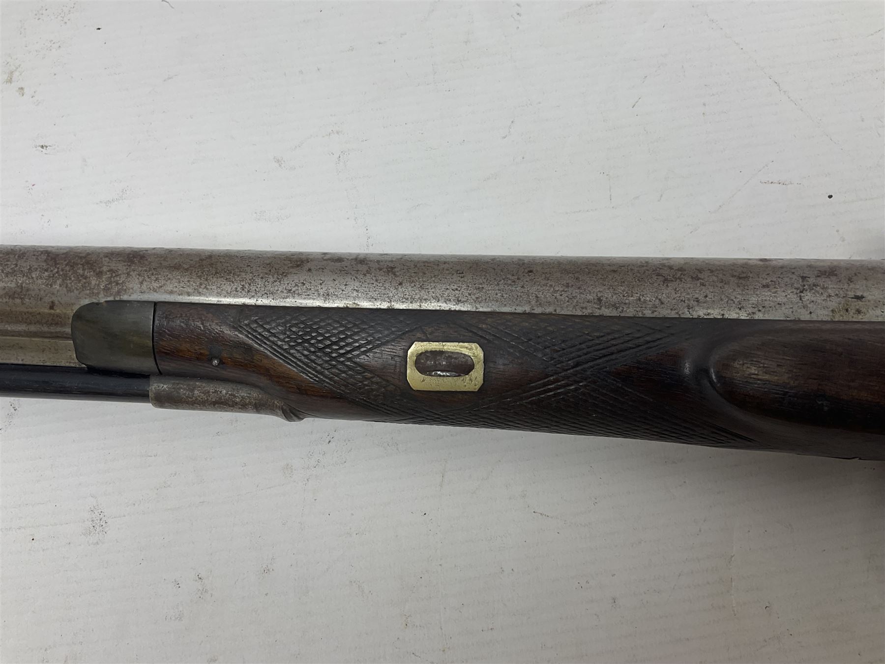 19th century take down 'cripple stopper' single barrel percussion gun, removable walnut stock with bayonet style fitting, chequered grip and fore-end, approximately 8-bore, the 59.5cm (23