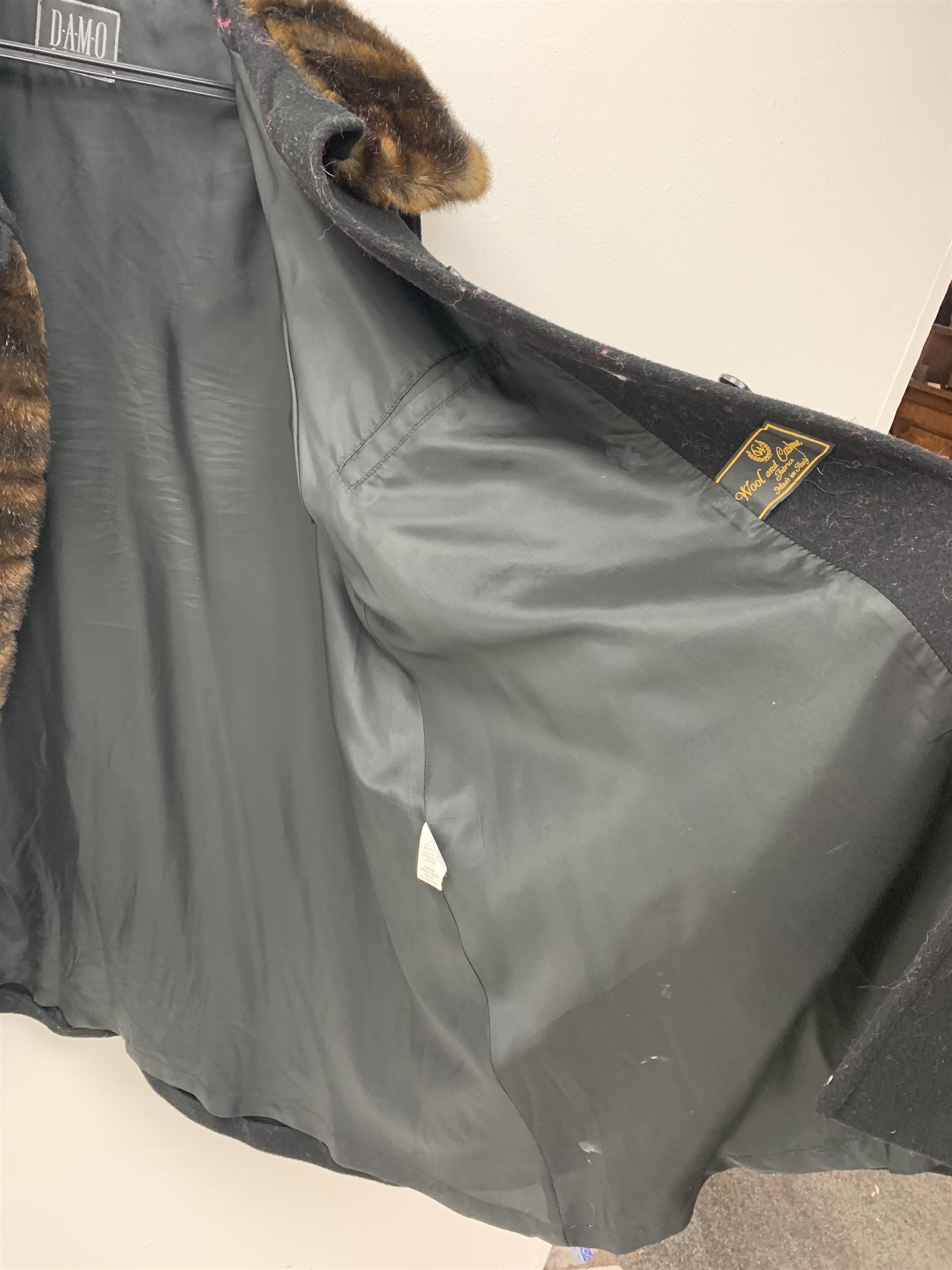 Damo Donna Italian Wool and Cashmere coat with faux fur, trim, collar and cuffs, size 14 