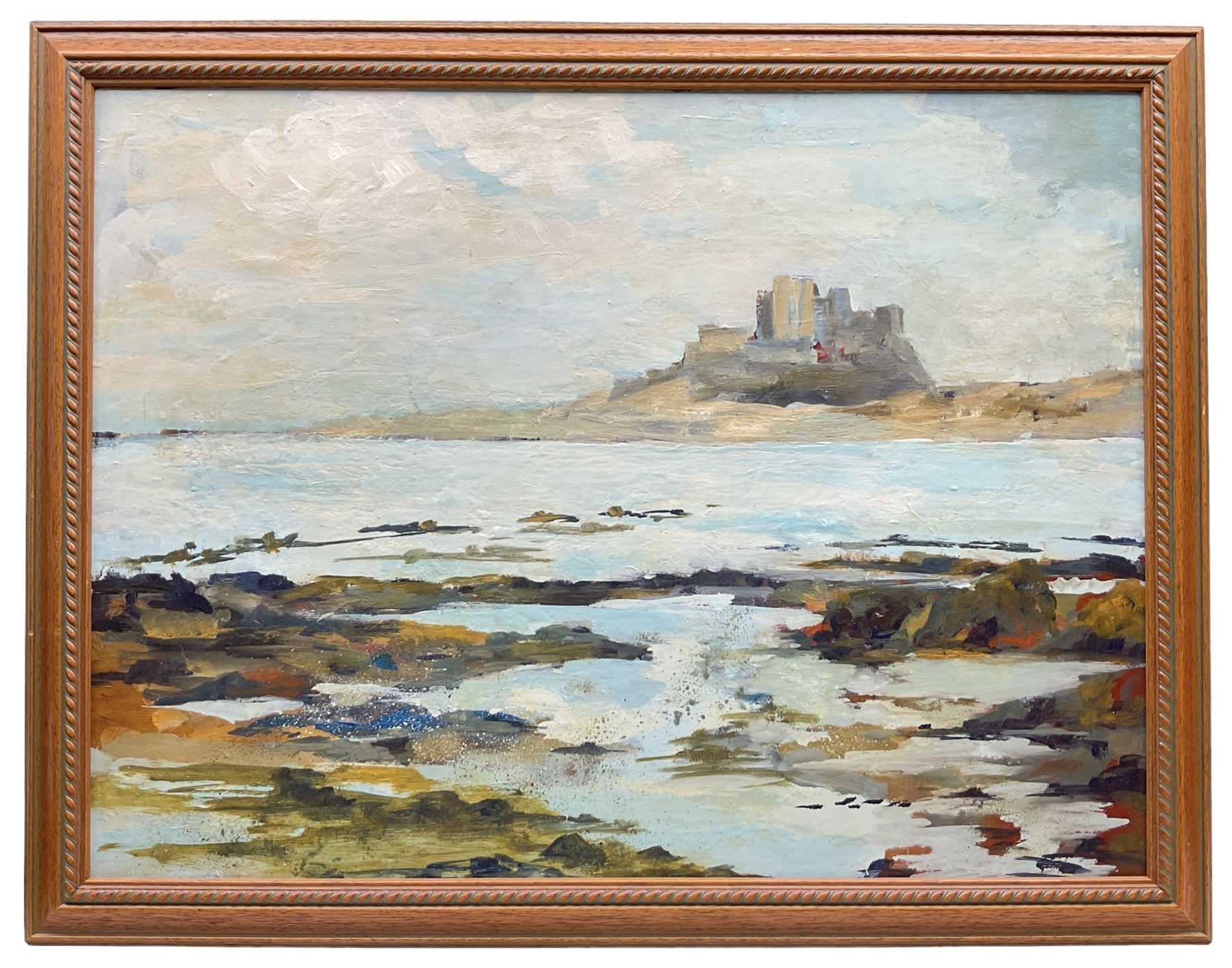 Margaret Parker (Northern British 1925-2012): 'Lindisfarne', oil on board signed, labelled verso 45cm x 60cm