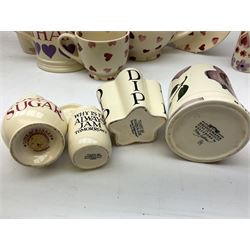 Collection of Emma Bridgewater spongeware ceramics, to include Pink Hearts pattern teapot, milk bottle vase, teacup and saucers, Love & Kisses sugar shaker and large 'I love you more than Marlon Brando' mug, British Birds and Black and White pattern mugs, etc, all with printed marks beneath, tallest H21.5cm