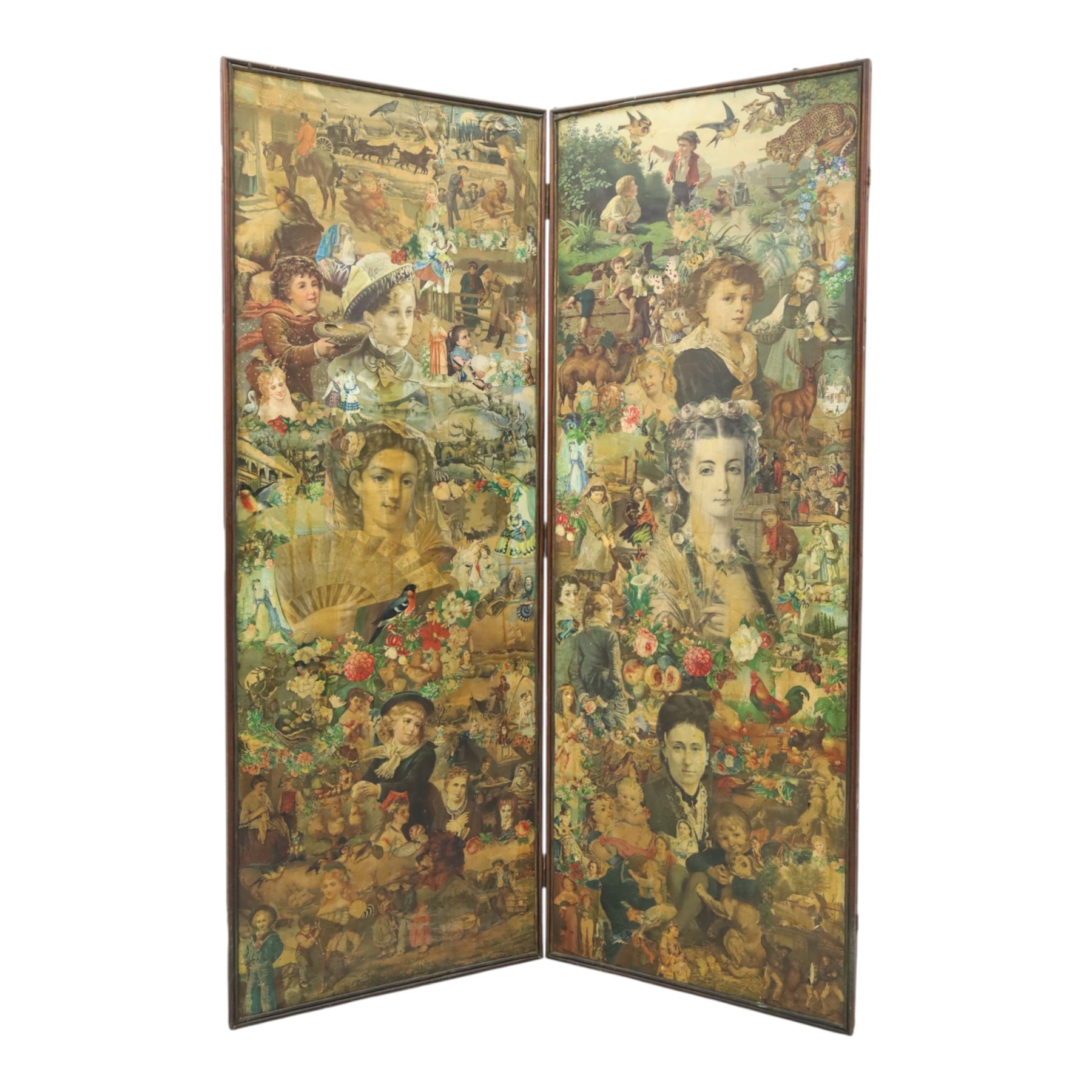 Victorian mahogany framed decoupage two-panel screen