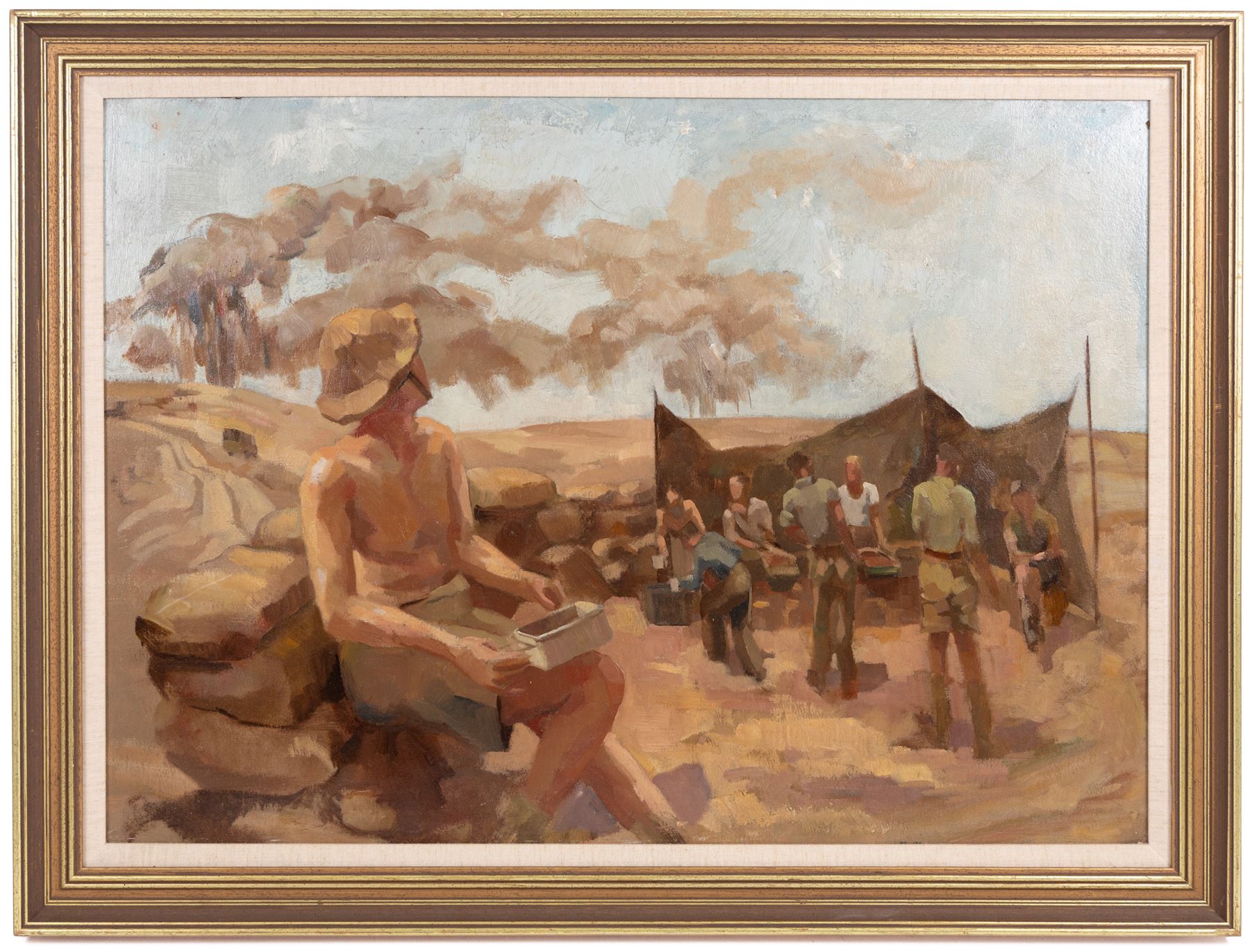 David S M* (British 20th Century): Siege of 'Tobruk - 1941', oil on board, indistinctly signed and titled verso 54cm x 76cm