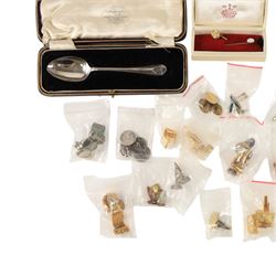9ct gold shirt stud and opal stick pin, Sif Jakobs silver ring, silver spoon and a collection of costume jewellery cufflinks, tie clips etc
