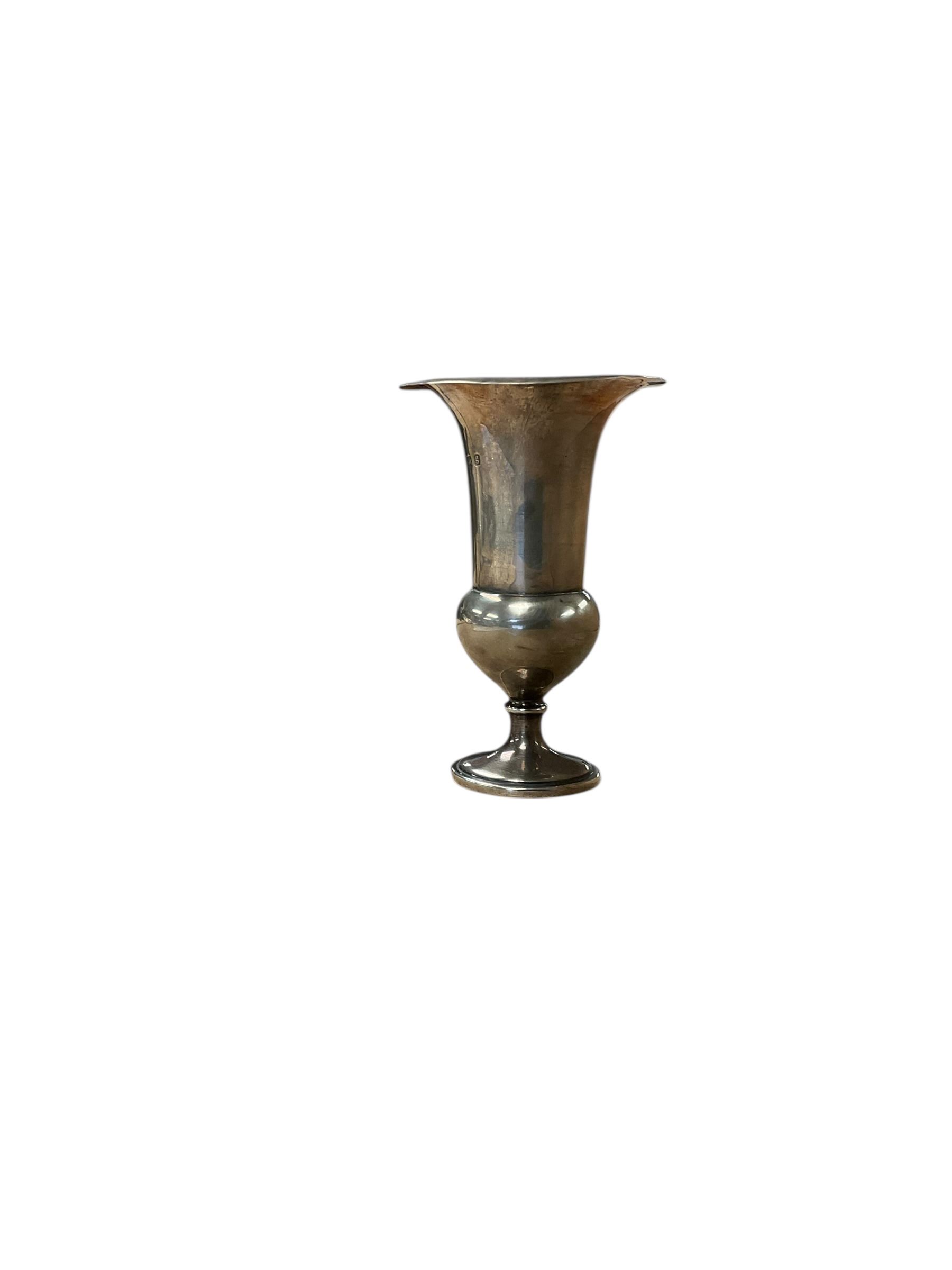 Silver vase with weighted base, hallmarked together with brass candlesticks, oak bowl etc