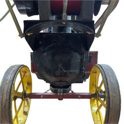 Mid-20th century scratch-built red and yellow painted live-steam scale model of a Showman's Traction Engine, 'Supreme' S.A. Oates & Sons, the simulated full length planked wooden canopy with brass supports and rope edging, with regulator, hand brake, chain steering , dynamo and water feed controls 19cm flywheel, 32cm diameter rear wheels with solid rubber tyres and 21cm diameter front wheels L102cm; together with scratch-built ride-on two-wheel trailer L58cm, and various brass rally plaques for 1980s/1990s.
This is a large, most interesting and comprehensive live-steam working model in need of re-furnishment and some repairs, the boiler has not been tested.