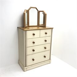 Painted pine chest, moulded top, two short and three long graduating drawers, plinth base, W88cm, H108cm, D45cm
