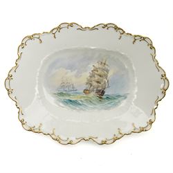 Royal Worcester Elizabeth Vase, H21cm; together with a Royal Crown Derby rectangular serving dish, painted with a shipping scene by WEJ Dean, W28cm, a Davenport plate painted with St Michaels Mount, D24cm, and a Minton plate painted with fruit by F Walklett, D23cm (4)