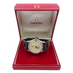 Omega stainless steel gentleman's manual wind wristwatch, Ref. 2903, Cal. 269, serial No. 18384794, boxed with papers and receipt dated 19'64, on black leather strap