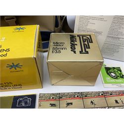 Cameras and accessories including Nikon Nikkormat camera with ‘Nikkor-H 1:2 f=50mm’ lens, Olympus C-8080 wide zoom digital camera, soft case camera bag etc, all untested, in one box