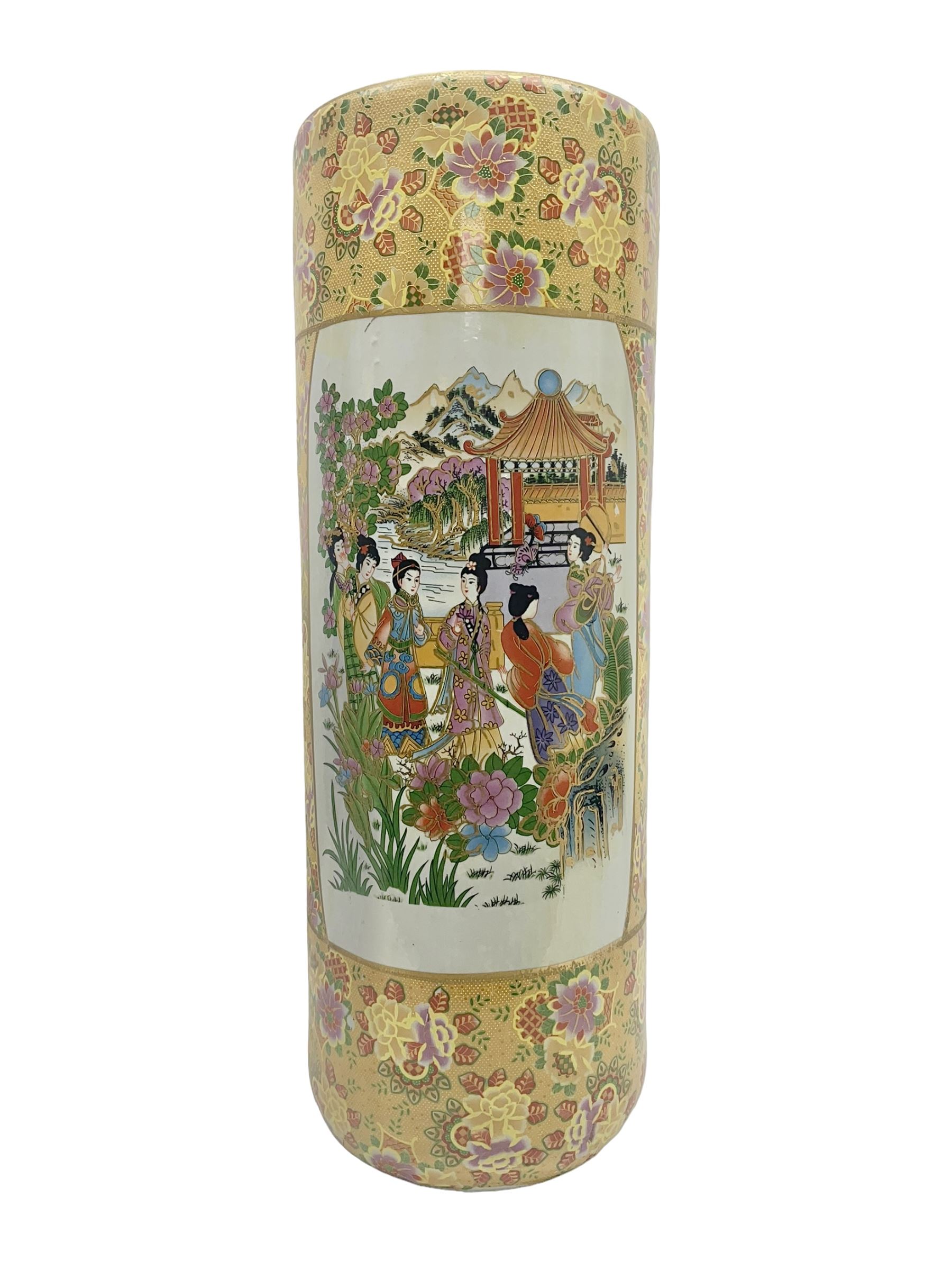 Modern Japanese ceramic umbrella stand, decorated with a figural panel on a yellow floral ground, H60cm