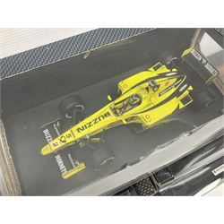 Five Mattel Hot Wheels 1:18 scale die-cast racing cars - Ferrari F1-2000 Michael Schumacher; Ferrari F-2002 Michael Schumacher; Jordan E-110 Heinz-Harald Frentzen; Williams F1 Team FW23Juan Pablo Montoya; and Ferrari F2001 Rubens Barrichello; all boxed (5)
