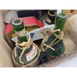 Clear glass demijohn / carboy, four wine bottles with wicker baskets, W T Avery & Co scales, Singer sewing machine, quantity of costume jewellery, trophy stand with silver-plate shields, quantity of vinyl records, stamps etc