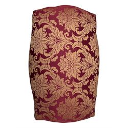 Pair of Louis XV-design giltwood stools, each upholstered in red damask fabric with slight variations in patterns, the carved frames adorned with scrolling foliage and shell motifs, raised on cabriole supports