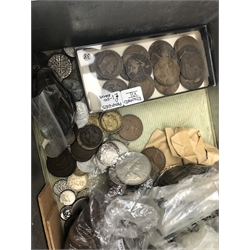  Collection of Great British and World coins including 'WRL' replicas of Roman coins, brass threepence pieces, various pre-decimal coins, mixed world coins and banknotes etc, in a metal box  