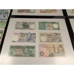 World banknotes, including Central Bank of Nigeria, Indonesia, Central Bank of Egypt, Republic of Liberia, Central Bank of Kenya, Central Bank of the Gambia, Singapore, Belgium etc, loose and in five framed displays