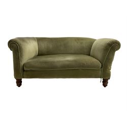 Victorian oak framed two seat drop end settee, upholstered in light green fabric, on turned front feet