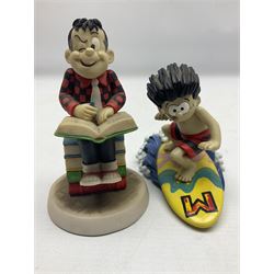 Eleven Robert Harrop figures from the Beano Dandy collection, comprising One Man & His Dawg BDS08, Picnic Desperate Dan BDS04, Fatty BD07, Desperate Dan BD03, Roger the Dodger BD20, Dennis the Menace BD01, Beryl the Peril BD05, Minnie the Minx BD04, Surfing BP03, two Spotty BD16, together with a Genuine Beano Ware lidded box (12)
