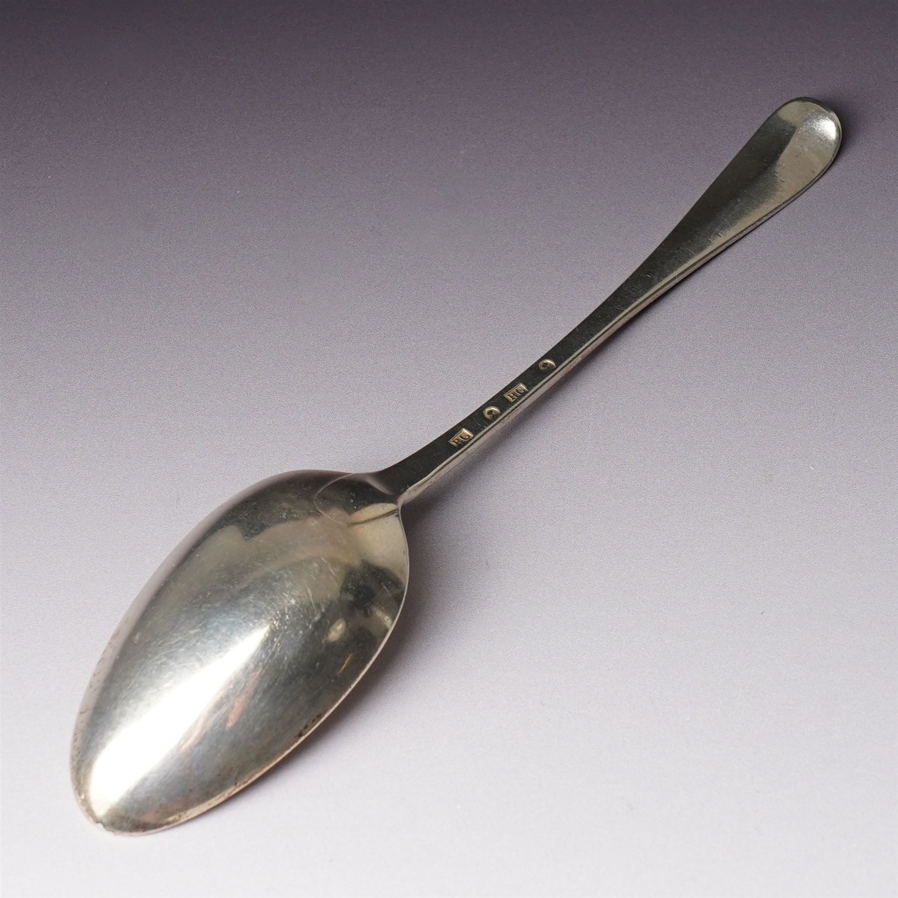 Late 18th century Scottish silver spoon L21.5cm struck twice with the makers mark of Robert Gray and the Glasgow tree