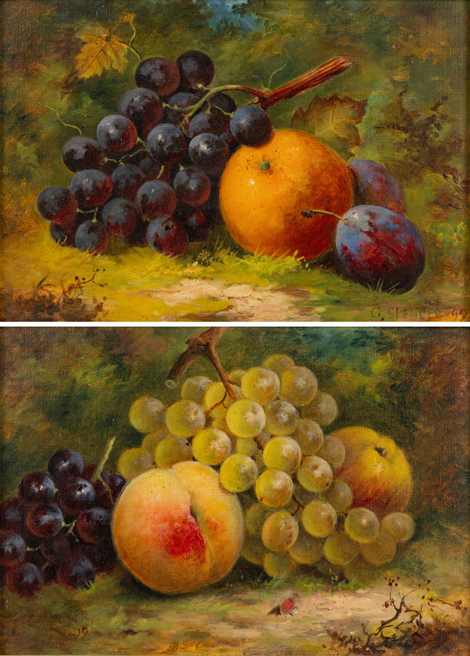 George Spencer (British 19th Century): Still Life of Fruits on a Bed of Grass, pair of oils on canvas board max 16.5cm x 24cm (2)