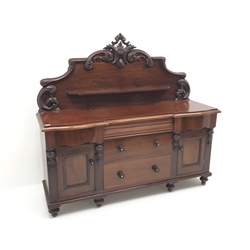  Victorian mahogany sideboard, shaped raised back, three frieze drawers above two cupboards flanking two graduating drawers, turned supports, W171cm, H158cm, D56cm  