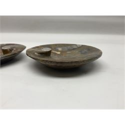 Pair of oval dishes, with a raised Goniatite to the side, Orthoceras and Goniatites inclusion, D12cm 