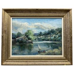 Michael D'Aguilar (British 1922-2011): 'In the Auvergne on The River', oil on board signed, inscribed verso 44cm x 59cm