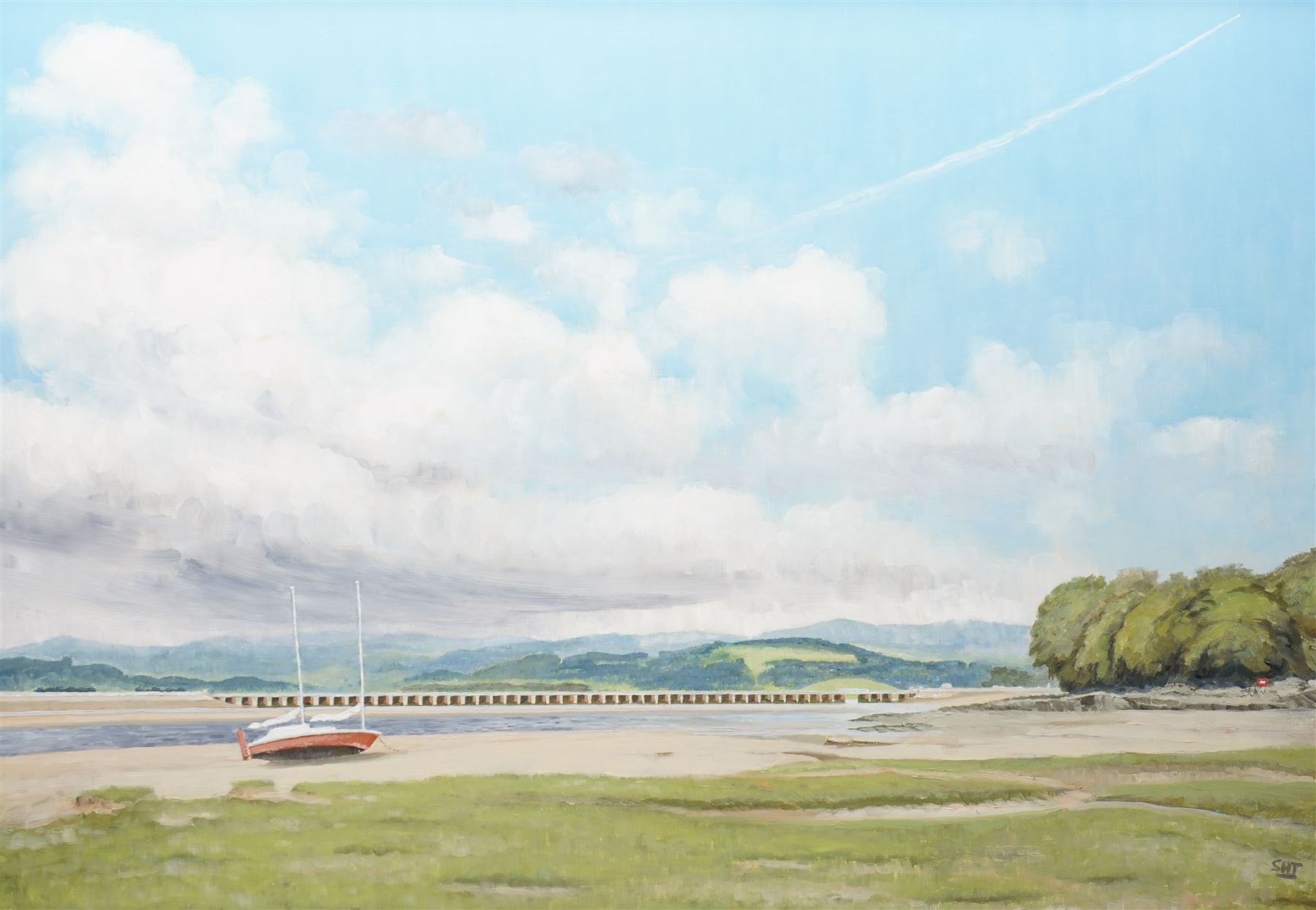 Sid Tasker (British 20th century): 'The Viaduct from New Barnes Bay', oil on board signed with initials, titled and dated 1997 on label verso 71cm x 101cm 