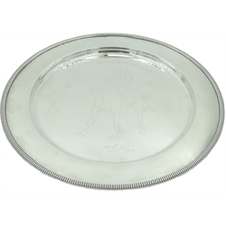  Silver salver designed by Doris Lindner commemorating the the achievements of racehorse 'Brigadier Gerard' by William Comyns & Sons Ltd London 1972 diameter 23cm approx 12.2oz   