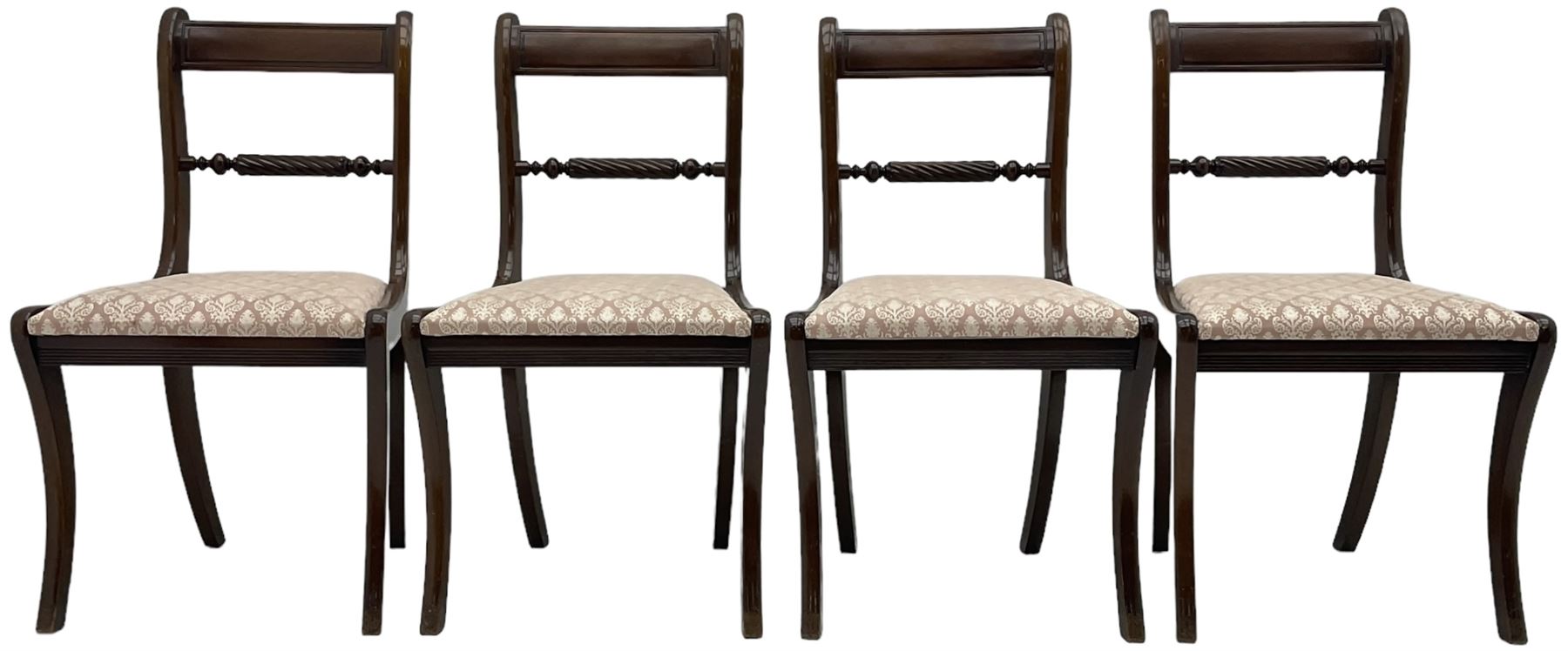 Regency design mahogany extending dining table, rectangular top with extending canted corners, pull-out action with additional leaf (84cm x 136cm - 182cm, H76cm); set of eight Regency design mahogany dining chairs with rope twist rails