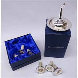  Shop stock: silver-plated wine funnel and stand and a set of six cork bottle stoppers, silver plated tops with Royal Navy crest by by Laurence R. Watson & Co. both boxed  