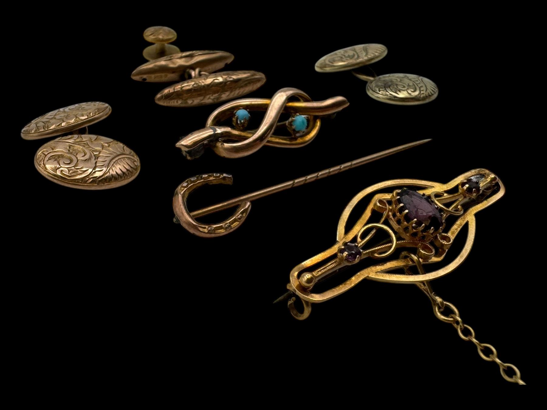 9ct gold jewellery, including two stone set brooches, three cufflinks, stud and a horseshoe stick pin